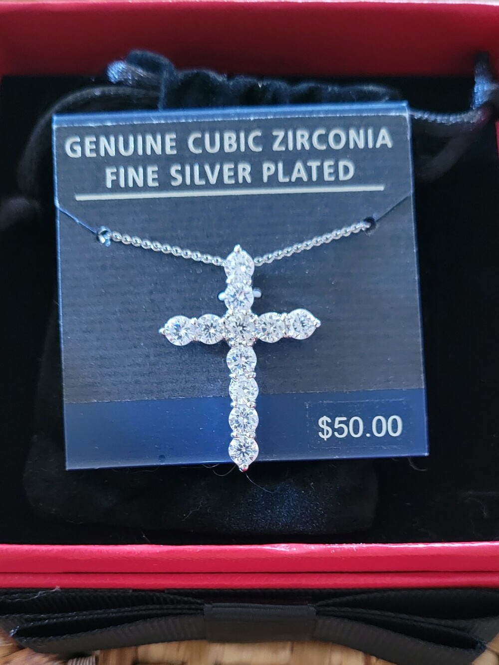 Silver Plated Cross Necklace with Genuine Cubic Zirconia - Silver